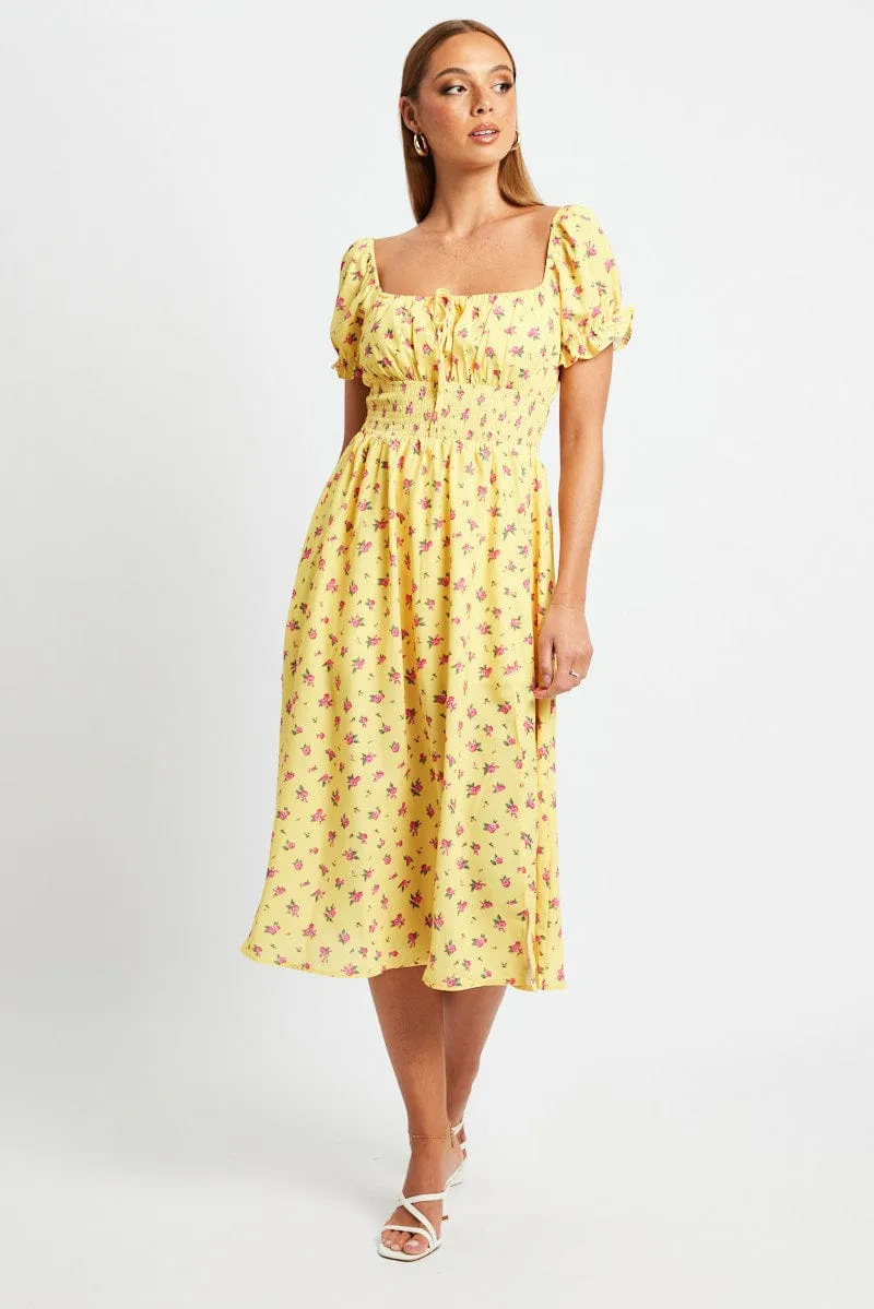 Yellow Floral Midi Dress Short Sleeve Ruched Bust sold by Ally Fashion