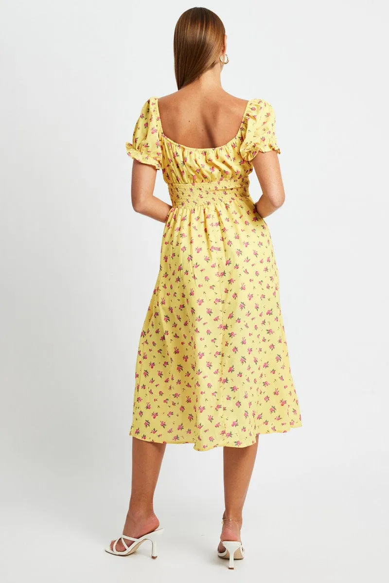 Yellow Floral Midi Dress Short Sleeve Ruched Bust sold by Ally Fashion product image thumbnail 5