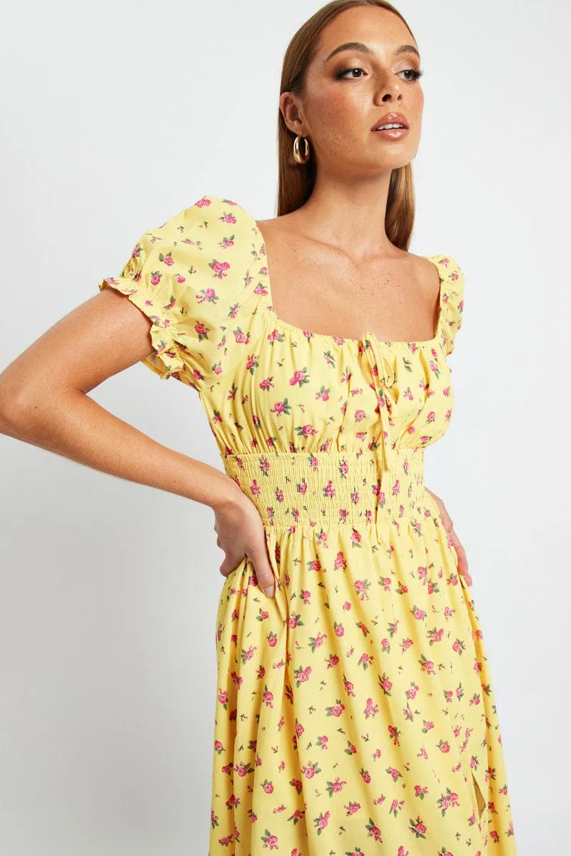 Yellow Floral Midi Dress Short Sleeve Ruched Bust sold by Ally Fashion product image thumbnail 2