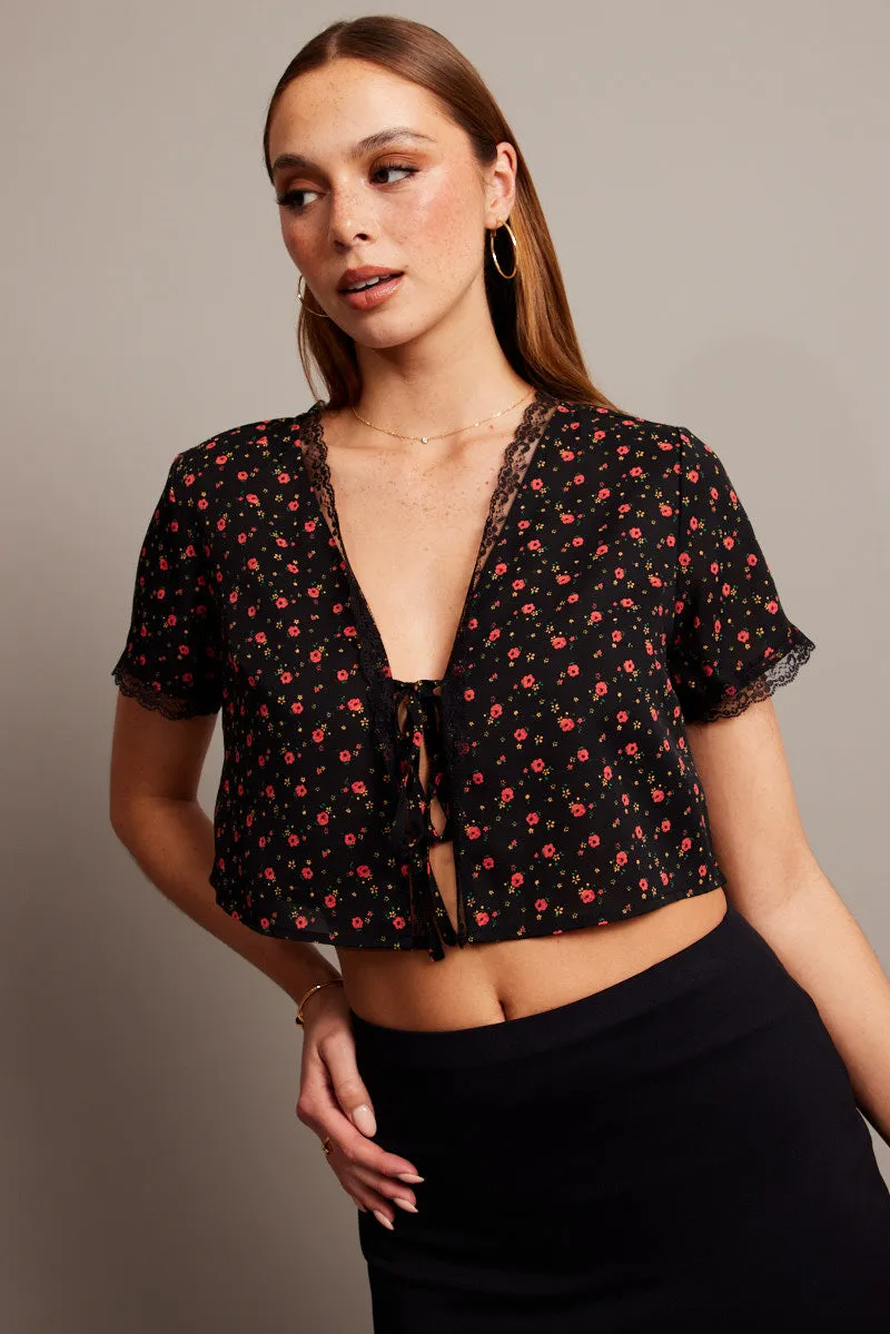 Black Ditsy Tie Cardigan Short Sleeve sold by Ally Fashion