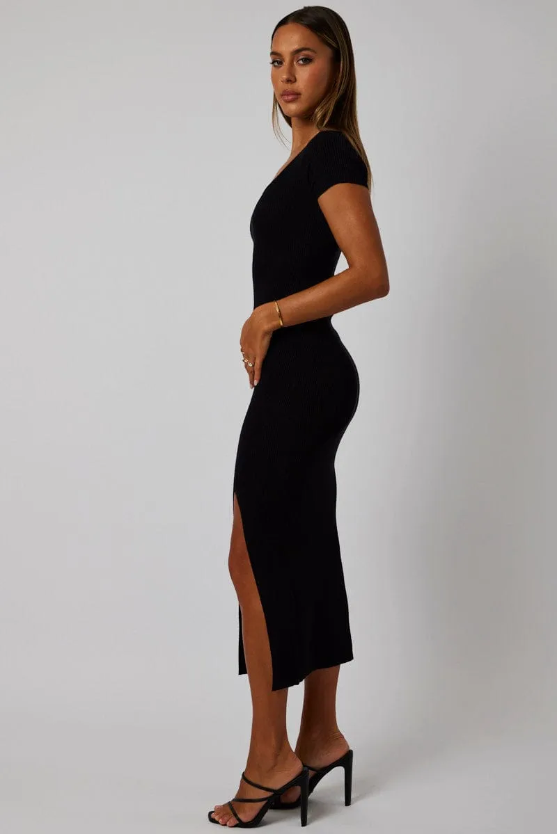 Black Knit Dress Short Sleeve Bodycon Midi sold by Ally Fashion product image thumbnail 4