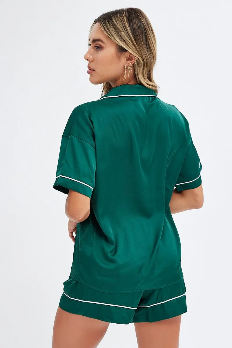 Green Satin Pj Contrast Piping Button Through Pyjama Set sold by Ally Fashion product image thumbnail 5