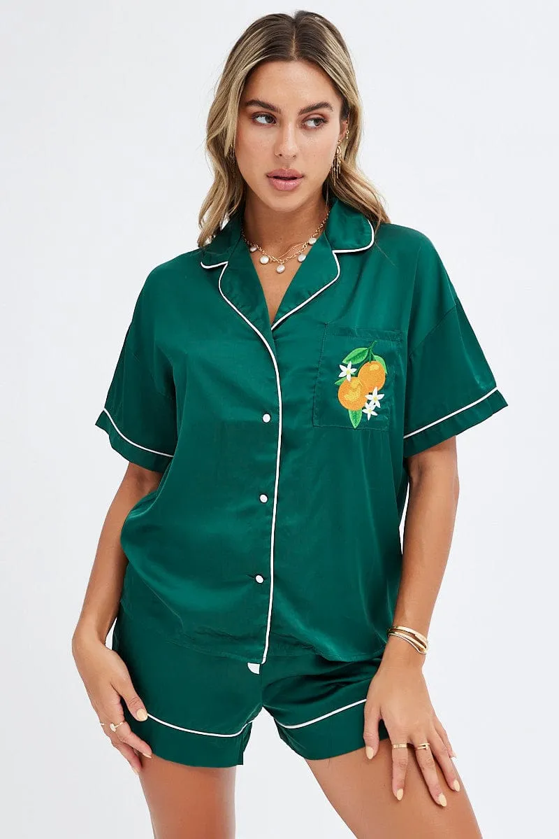 Green Satin Pj Contrast Piping Button Through Pyjama Set sold by Ally Fashion product image thumbnail 3