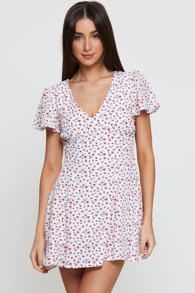 Print Fit And Flare Dress Short Sleeve V Neck sold by Ally Fashion