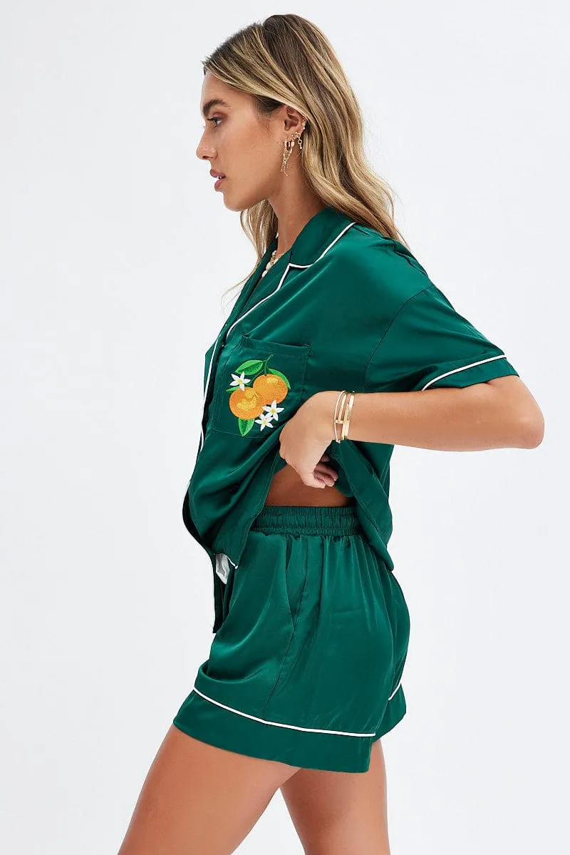 Green Satin Pj Contrast Piping Button Through Pyjama Set sold by Ally Fashion product image thumbnail 4