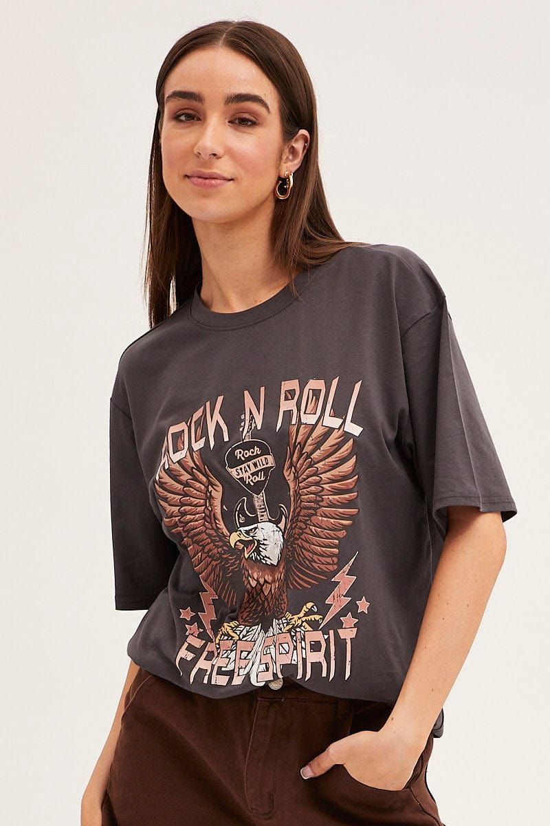 Grey T Shirt Short Sleeve Crew Neck Rock N' Roll Eagle sold by Ally Fashion product image thumbnail 3