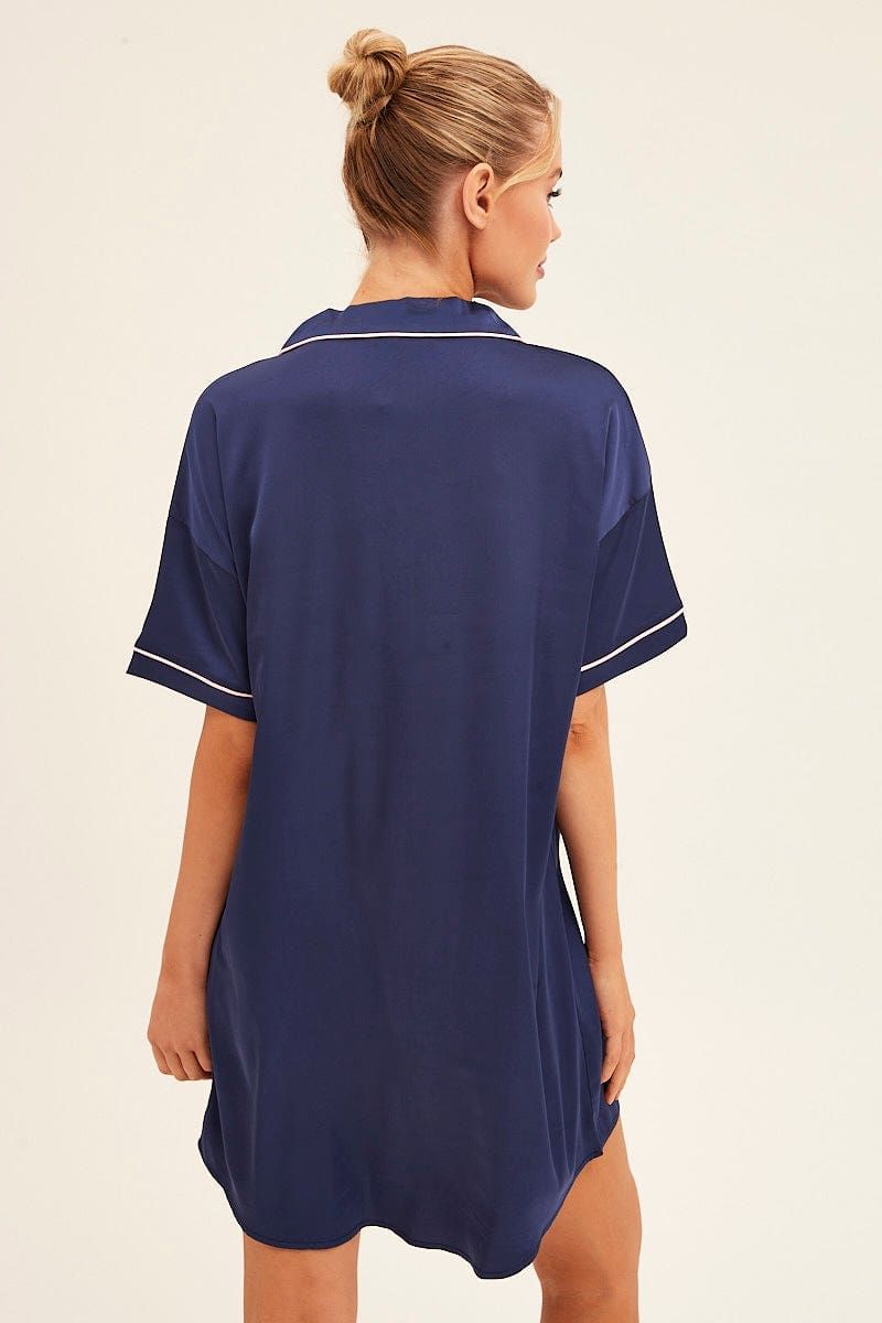 Blue Nightgown Short Sleeve Collared Mini Satin sold by Ally Fashion product image thumbnail 5