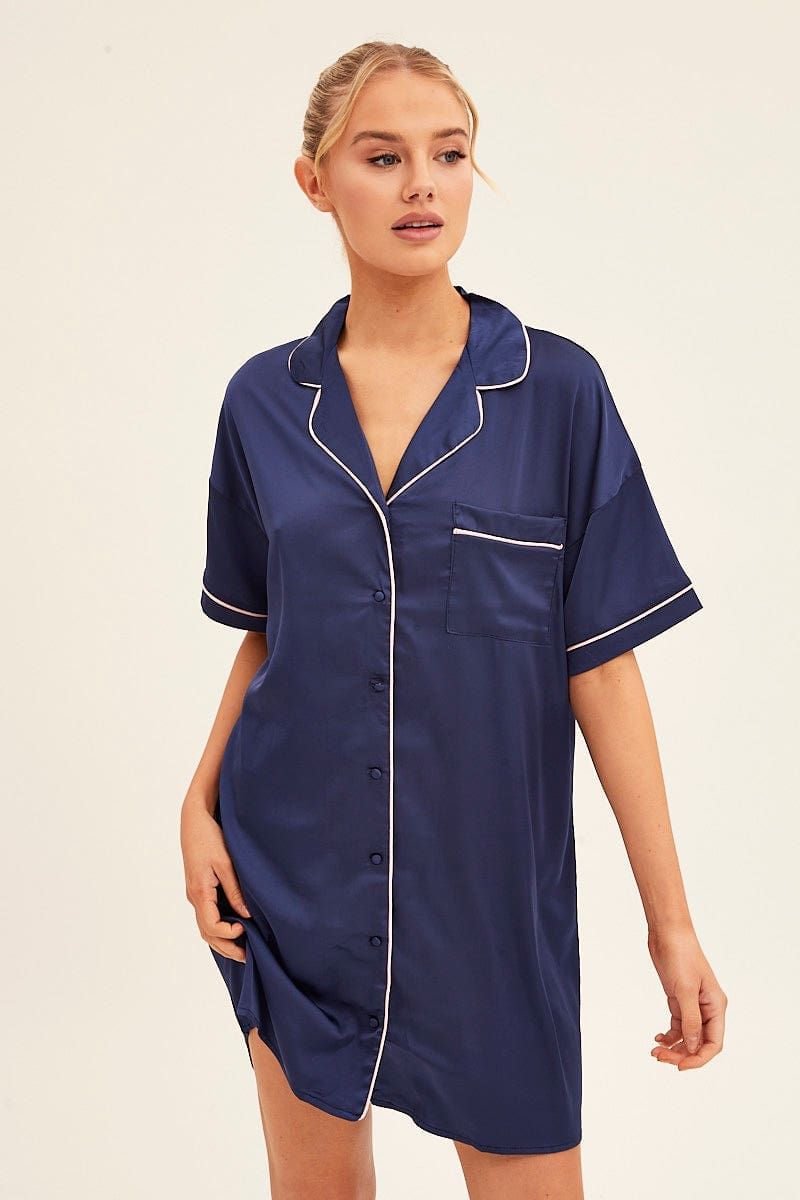 Blue Nightgown Short Sleeve Collared Mini Satin sold by Ally Fashion product image thumbnail 3