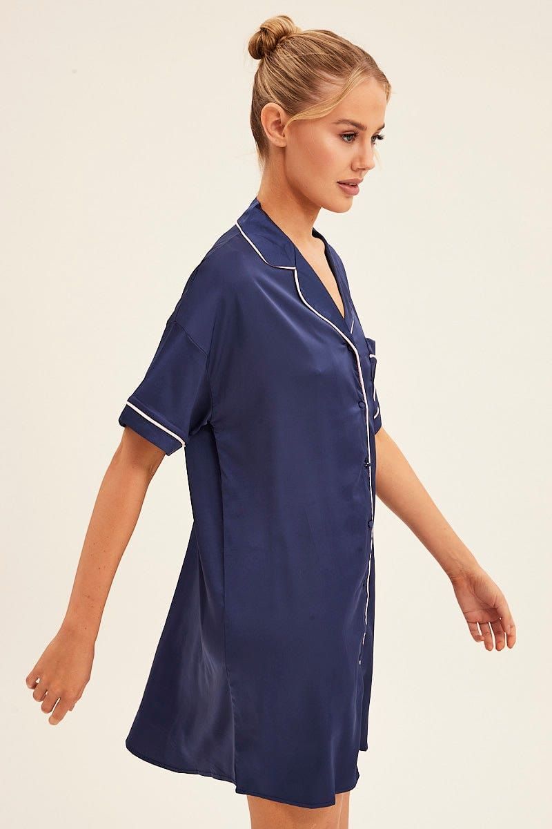 Blue Nightgown Short Sleeve Collared Mini Satin sold by Ally Fashion product image thumbnail 4