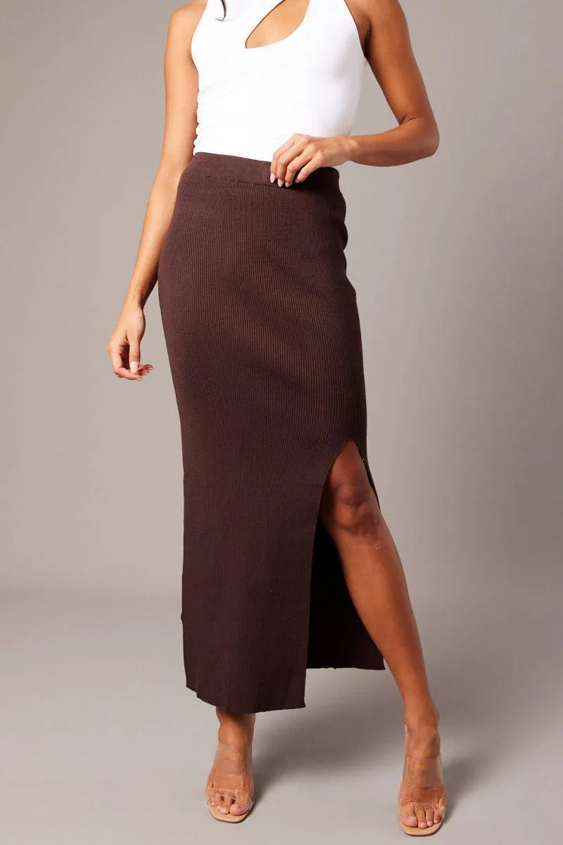 Brown Knit Skirt Front Split High Rise sold by Ally Fashion