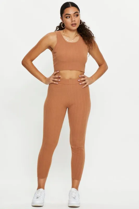 Beige Ribbed Knit Leggings sold by Ally Fashion