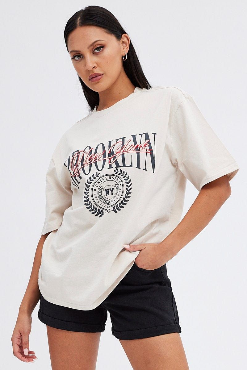 Beige Graphic Tee Short Sleeve Crew Neck sold by Ally Fashion product image thumbnail 3