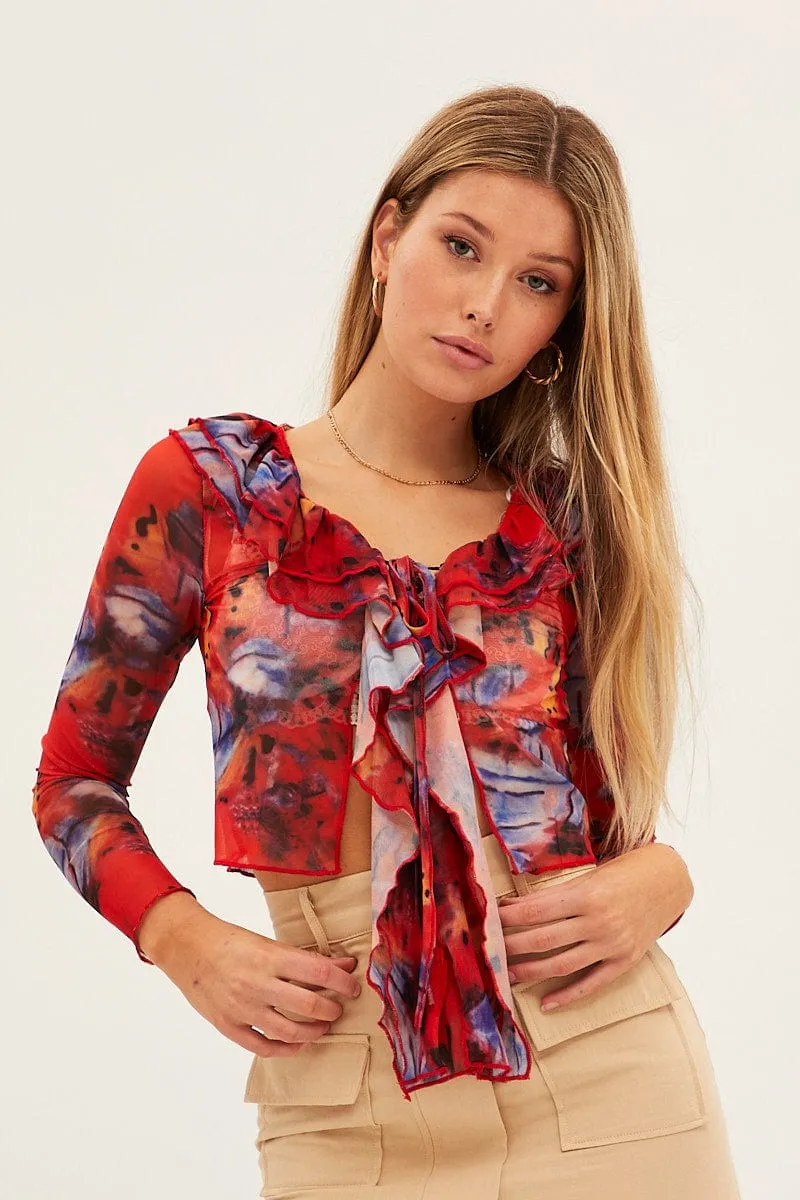 Pink Print Mesh Long Sleeve Crop Top sold by Ally Fashion product image thumbnail 3