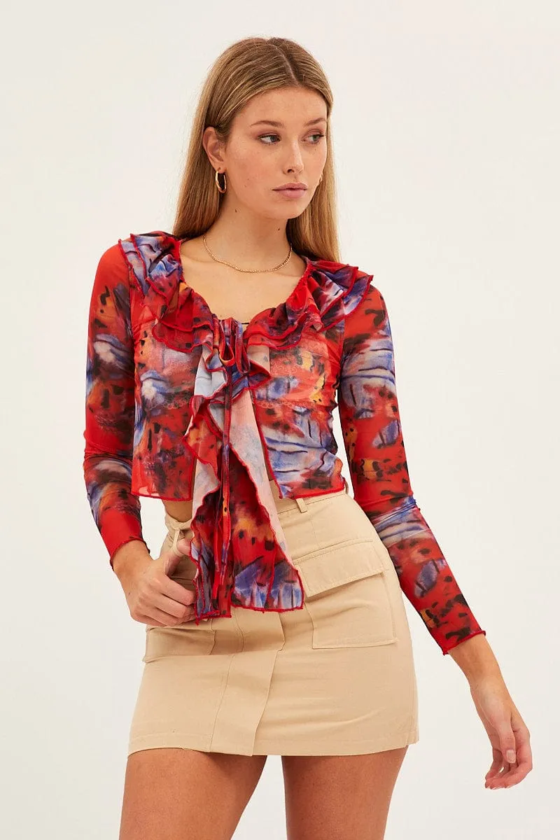 Pink Print Mesh Long Sleeve Crop Top sold by Ally Fashion