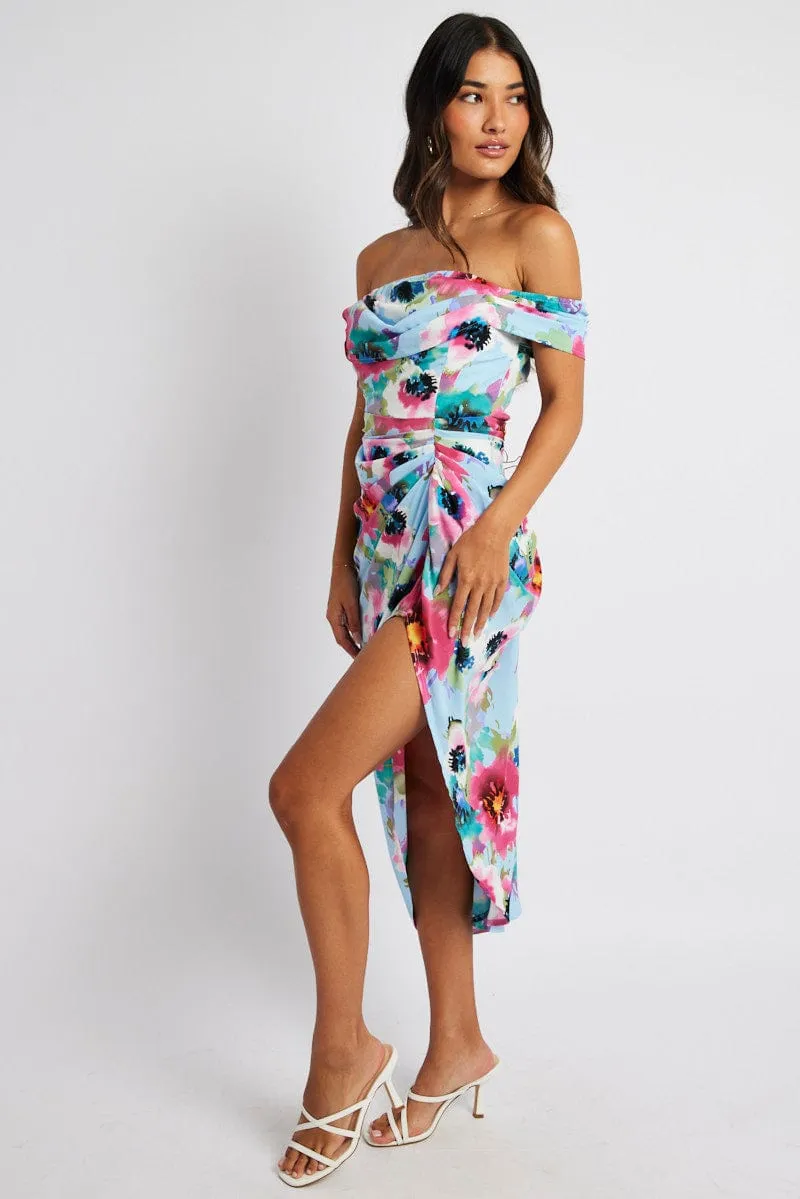 Blue Floral Midi Dress Bardot Sleeve Draped Blue Floral sold by Ally Fashion product image thumbnail 4