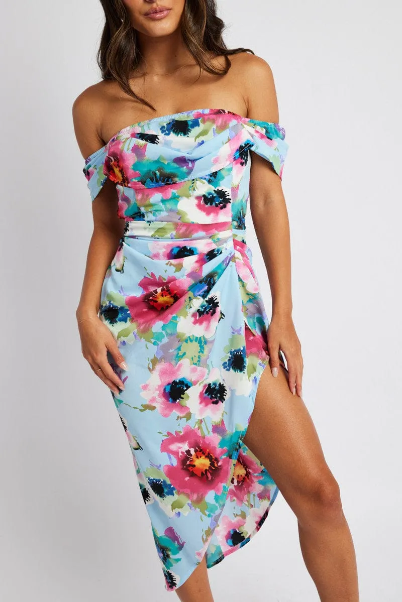 Blue Floral Midi Dress Bardot Sleeve Draped Blue Floral sold by Ally Fashion