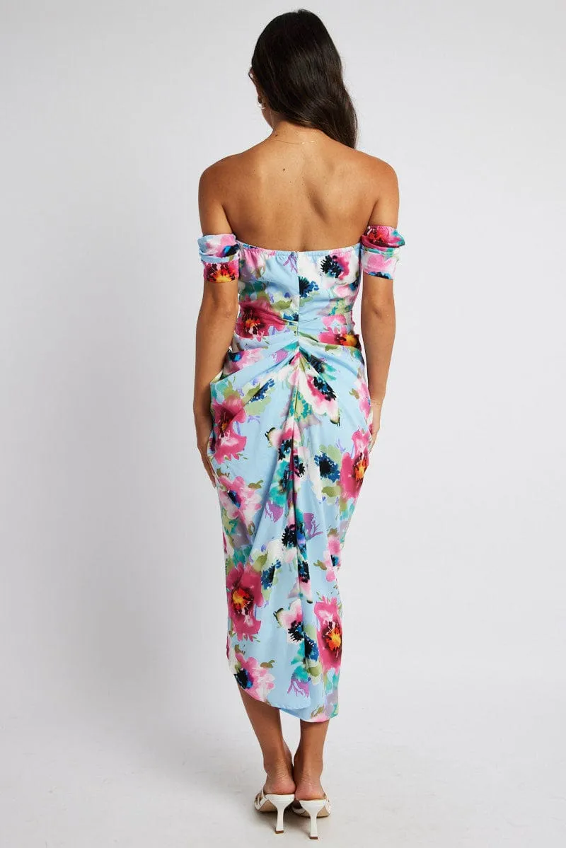 Blue Floral Midi Dress Bardot Sleeve Draped Blue Floral sold by Ally Fashion product image thumbnail 5