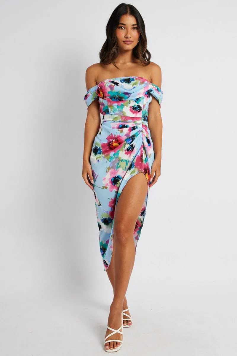 Blue Floral Midi Dress Bardot Sleeve Draped Blue Floral sold by Ally Fashion product image thumbnail 2