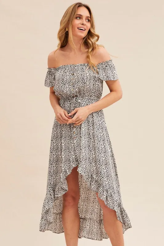 Print Midi Dress Short Sleeve Shirred Off Shoulder sold by Ally Fashion