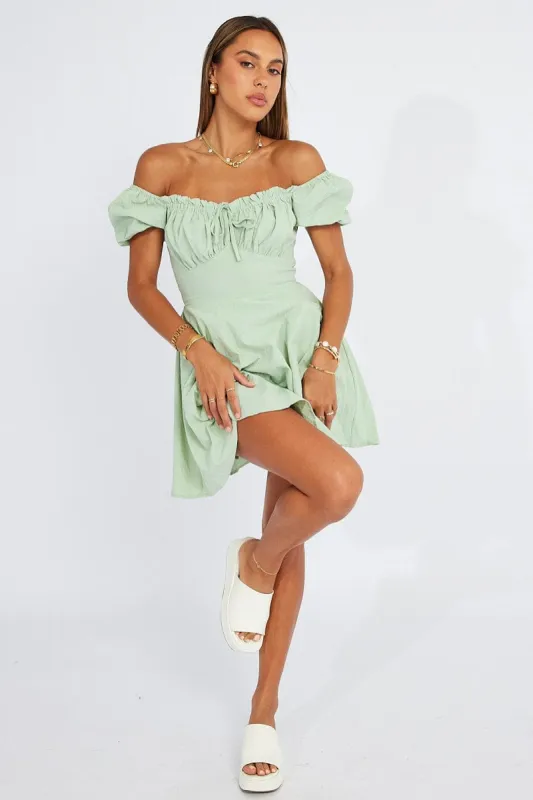 Green Fit And Flare Dress Puff Sleeve Mini sold by Ally Fashion