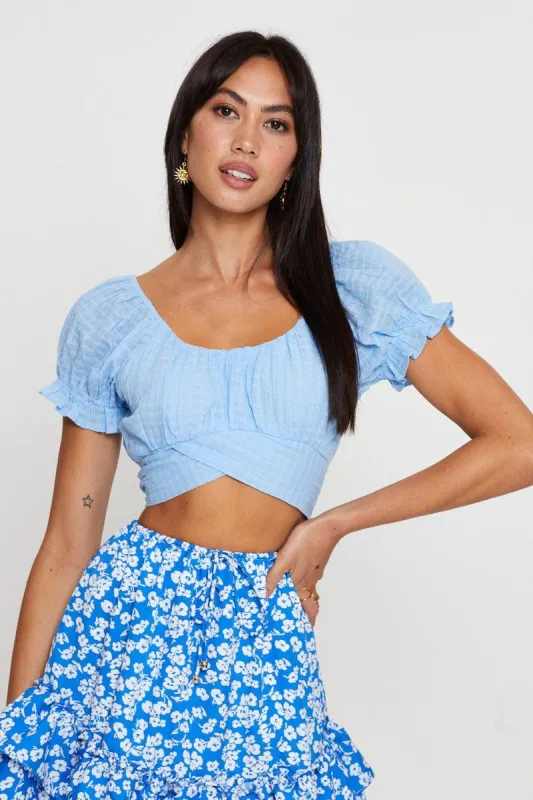 Blue Crop Top Short Sleeve Tie Back sold by Ally Fashion