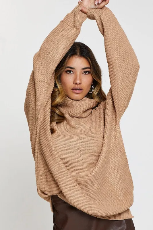 Beige Knit Top Long Sleeve Relaxed Turtleneck sold by Ally Fashion
