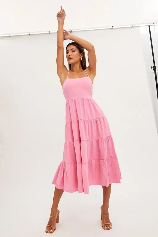 Pink Midi Dress Sleeveless Square Neck sold by Ally Fashion
