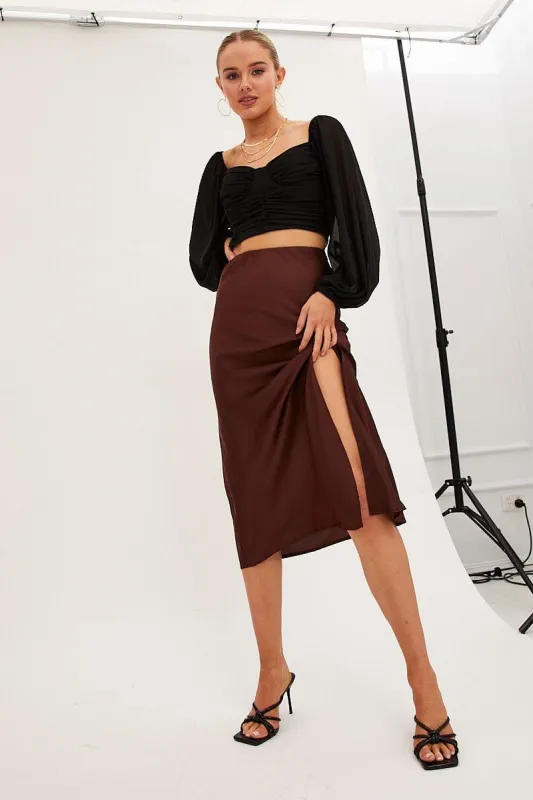 Brown Slip Skirt Midi Front Split Satin sold by Ally Fashion