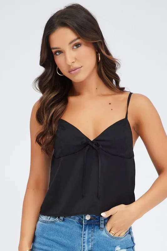 Black Cami Sleeveless V Neck Crop Satin Bow Detail sold by Ally Fashion