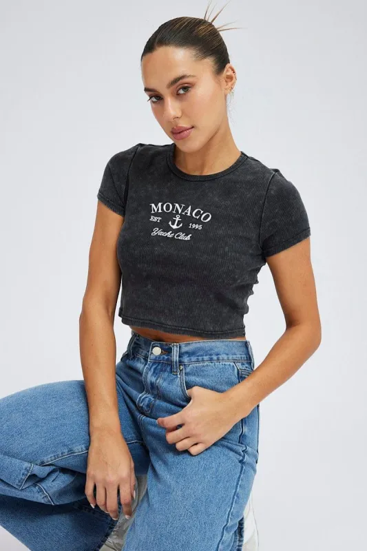 Black Baby Tee Short Sleeve Crop Round Neck Graphic sold by Ally Fashion