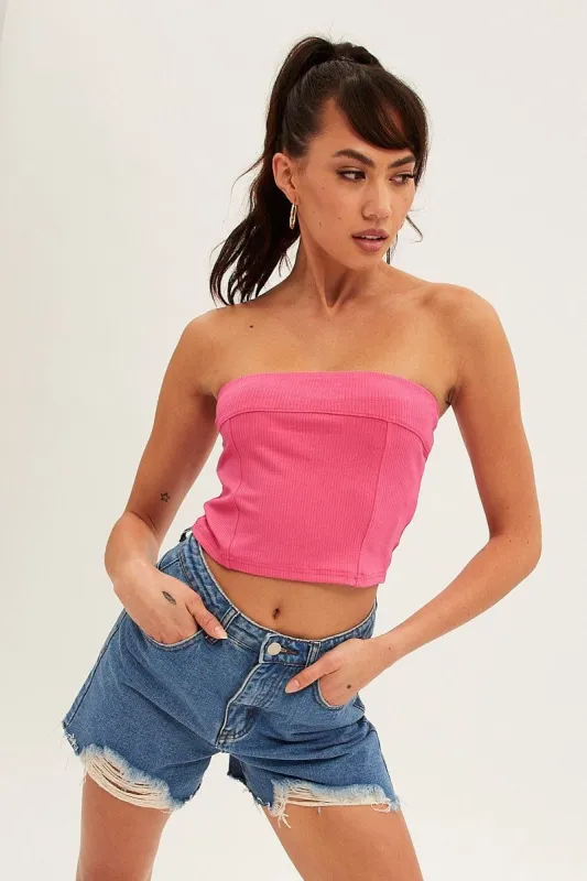 Pink Tube Top Bandeau Panel Detail Rib Strapless sold by Ally Fashion