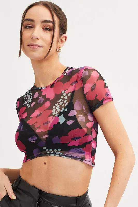 Pink Abstract Floral Print Mesh Short Sleeve Top sold by Ally Fashion