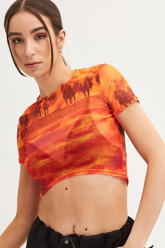 Orange Abstract Landscape Print Mesh Short Sleeve Top sold by Ally Fashion
