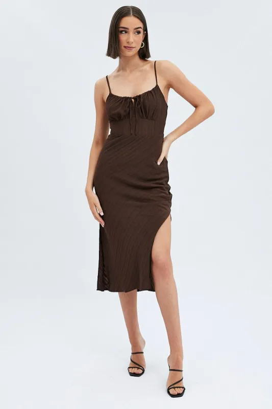 Brown Maxi Dress Sleeveless Ruched Bust Self Check sold by Ally Fashion
