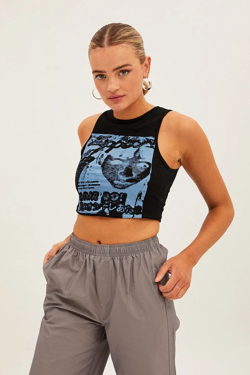 Black Graphic Crop Tank sold by Ally Fashion