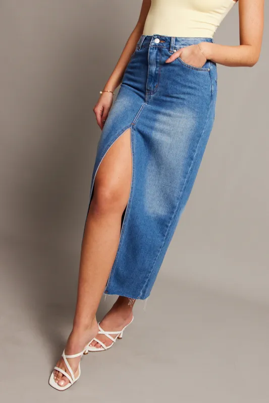 Denim Maxi Skirt High Rise Front Split sold by Ally Fashion