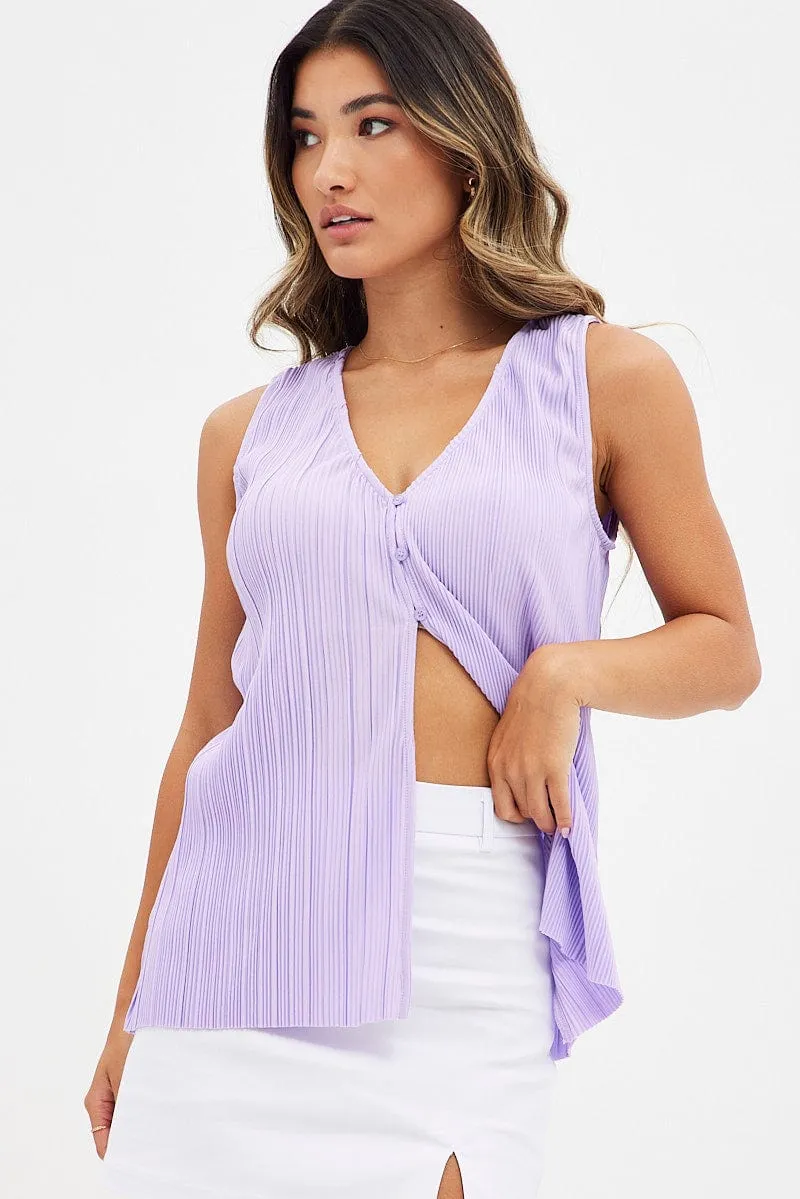 Purple Top Sleeveless V Neck Buttons Details Plisse sold by Ally Fashion product image thumbnail 3
