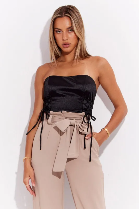 Black Satin Corset Drawstrings Crop sold by Ally Fashion