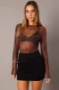Brown Abstract Mesh Bodysuit Long Sleeve sold by Ally Fashion