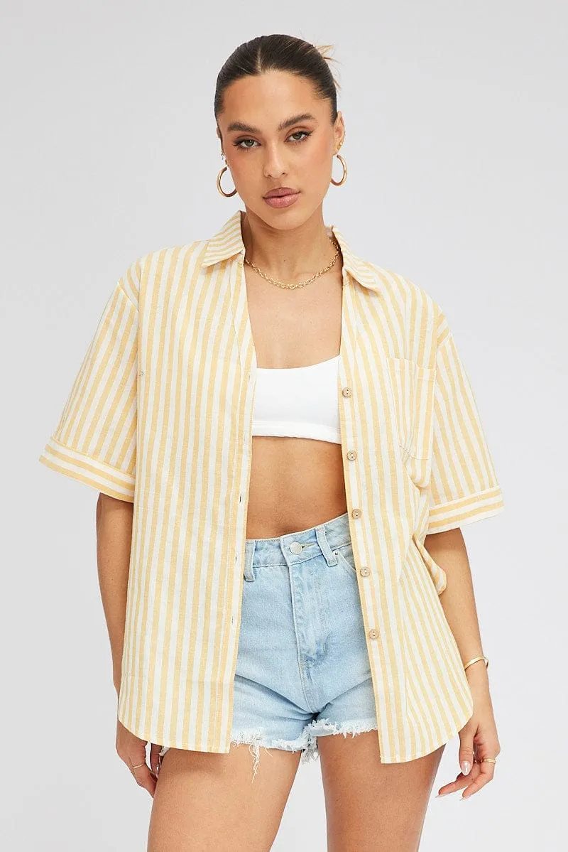 Yellow Stripe Shirt Short Sleeve Collared Neck sold by Ally Fashion product image thumbnail 3