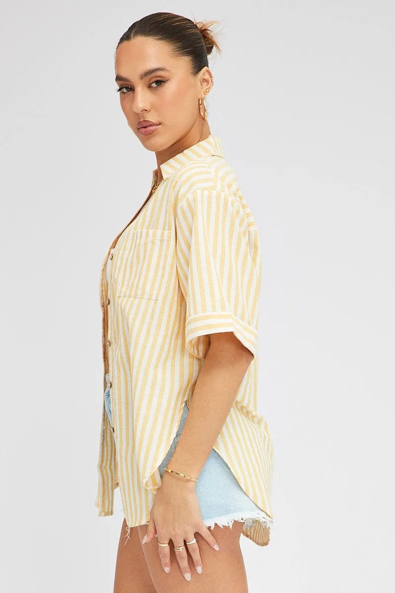 Yellow Stripe Shirt Short Sleeve Collared Neck sold by Ally Fashion product image thumbnail 4