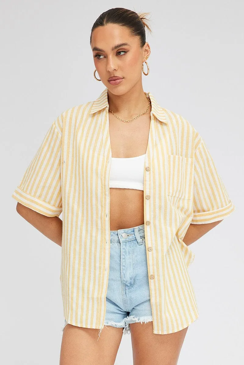Yellow Stripe Shirt Short Sleeve Collared Neck sold by Ally Fashion