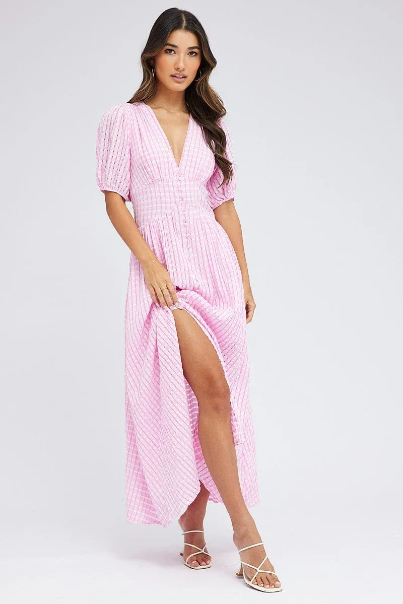 Purple Check Midi Dress Puff Sleeve sold by Ally Fashion