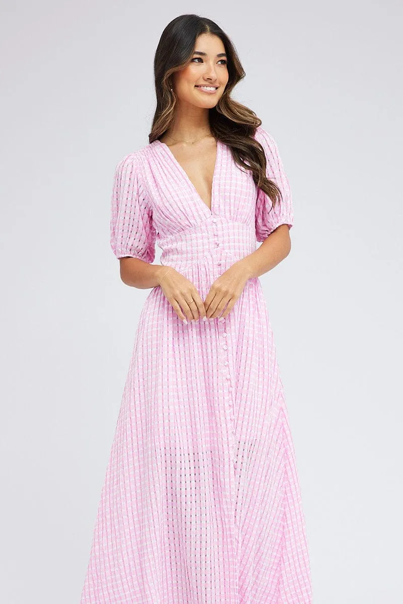Purple Check Midi Dress Puff Sleeve sold by Ally Fashion product image thumbnail 2