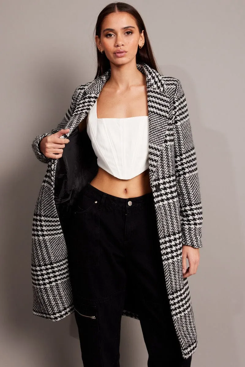 Black Check One Button Coat Knee Length sold by Ally Fashion