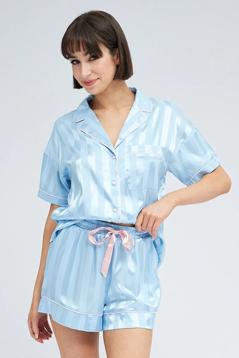 Blue Stripe Satin Pj Jacquard Stripe Piping Pyjama Set sold by Ally Fashion product image thumbnail 3