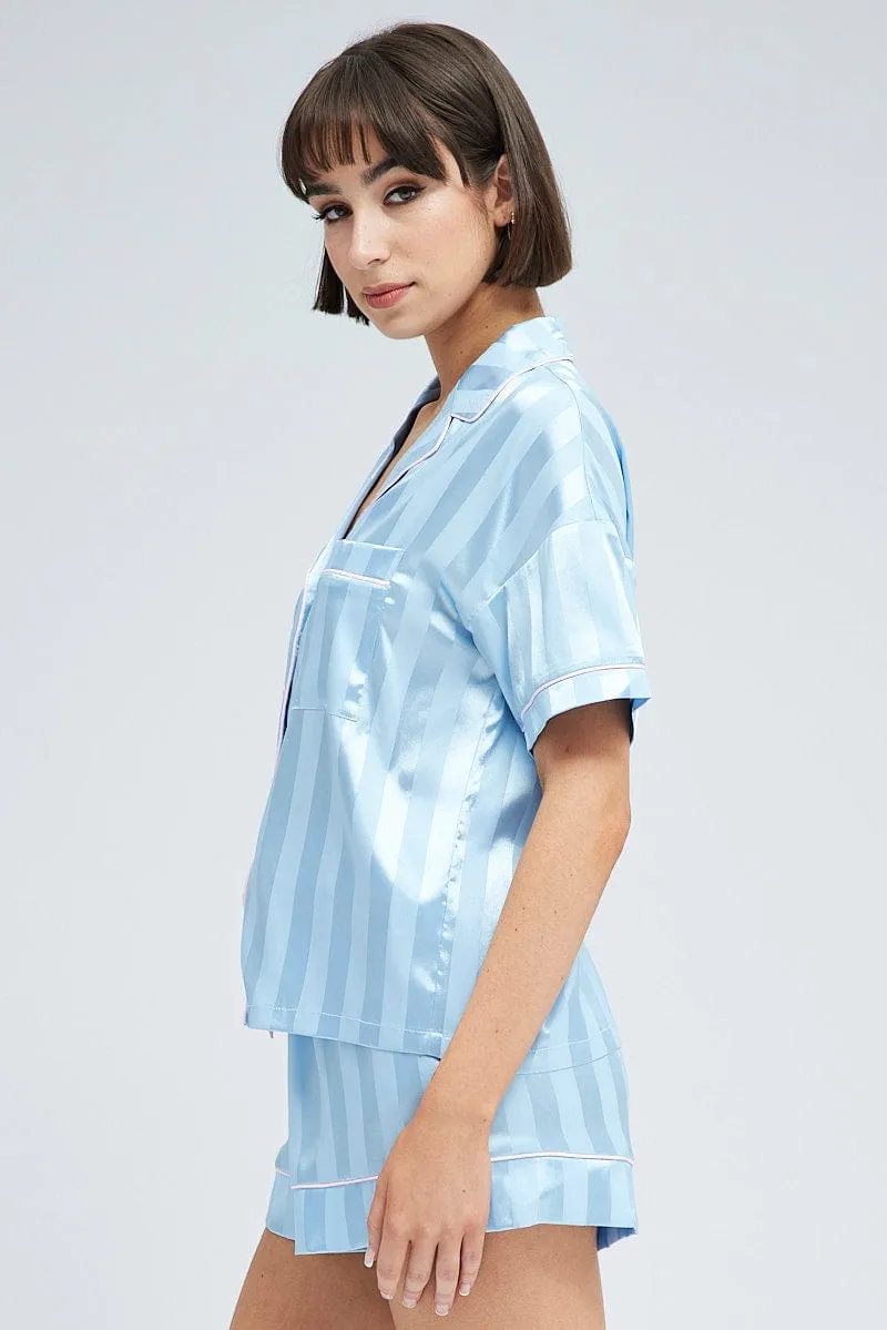 Blue Stripe Satin Pj Jacquard Stripe Piping Pyjama Set sold by Ally Fashion product image thumbnail 4