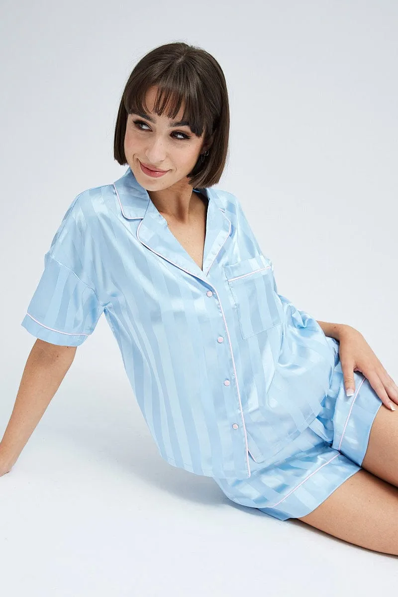 Blue Stripe Satin Pj Jacquard Stripe Piping Pyjama Set sold by Ally Fashion
