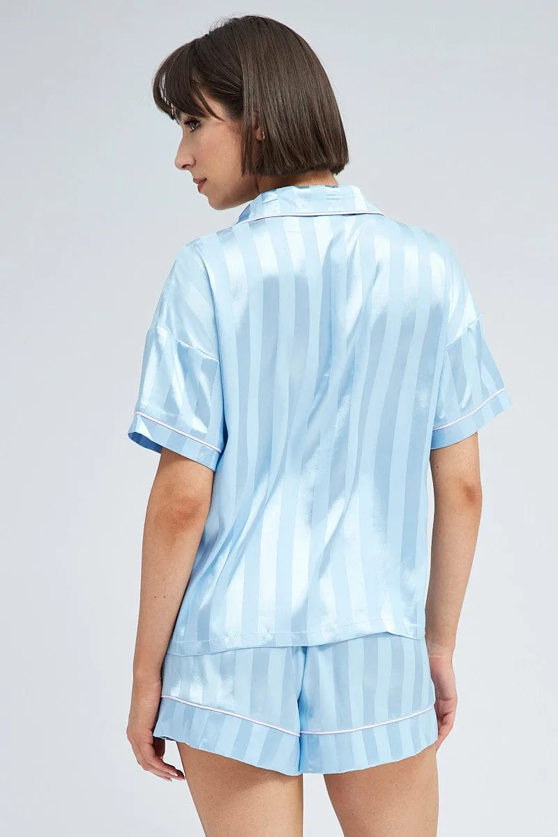 Blue Stripe Satin Pj Jacquard Stripe Piping Pyjama Set sold by Ally Fashion product image thumbnail 5