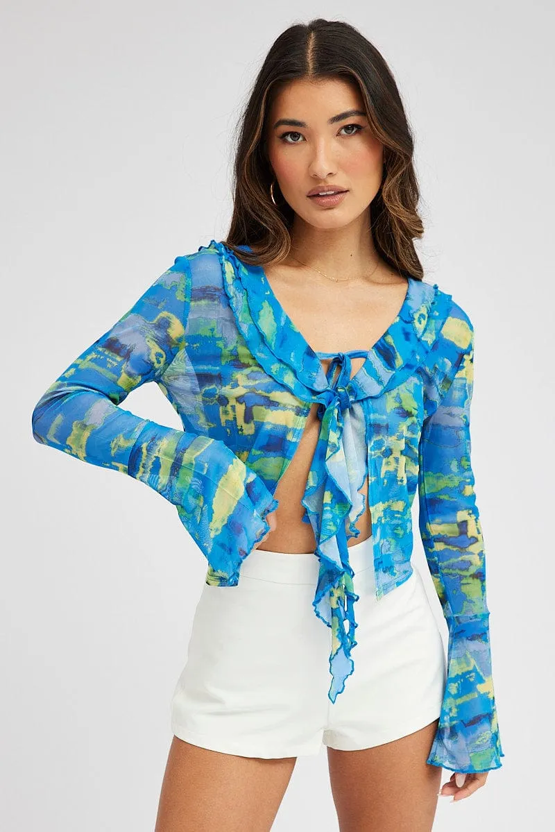 Blue Abstract Mesh Cardigan Long Sleeve sold by Ally Fashion